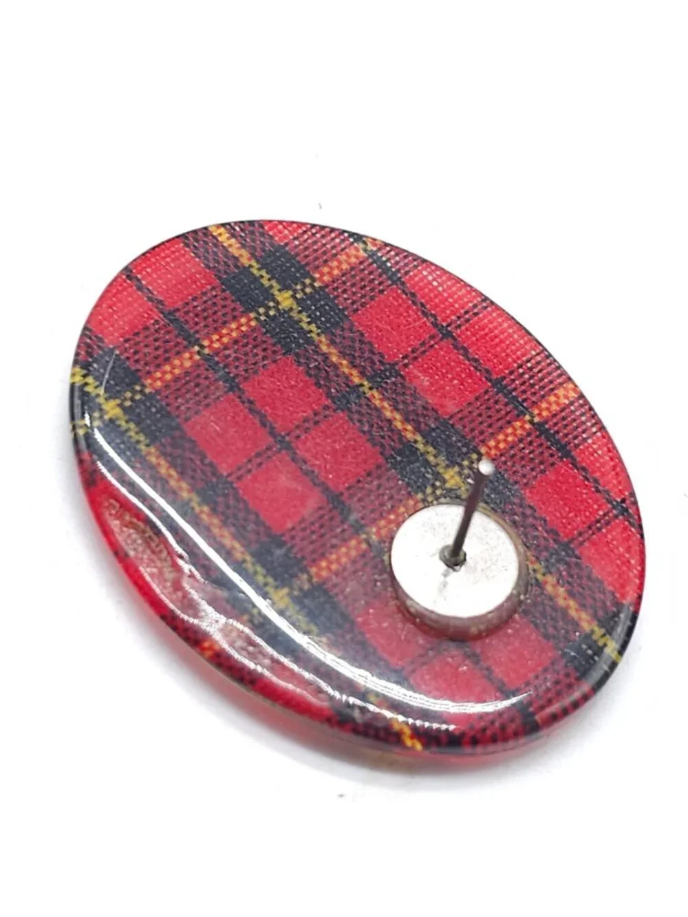 Red Tartan Plaid Oval Button Stud Earrings Vintage Design 1.5 Inches